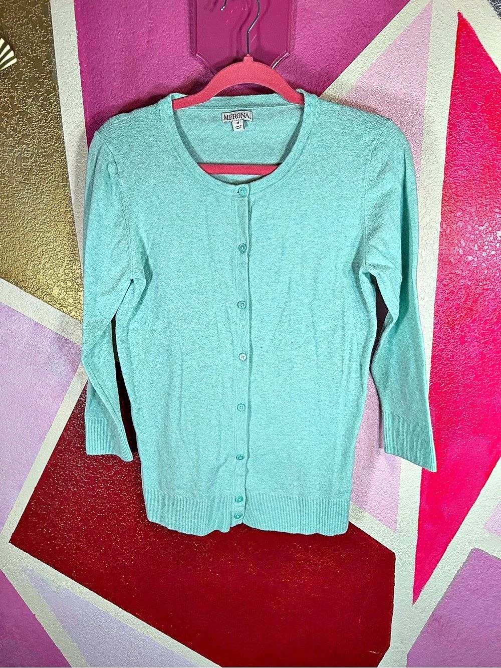 Merona Medium Mint Green Heathered Cardigan 3/4 Sleeve Crewneck Button Front
